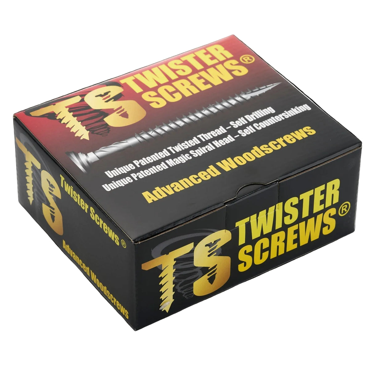 Box of Twister Screws with yellow and red branding on a black background