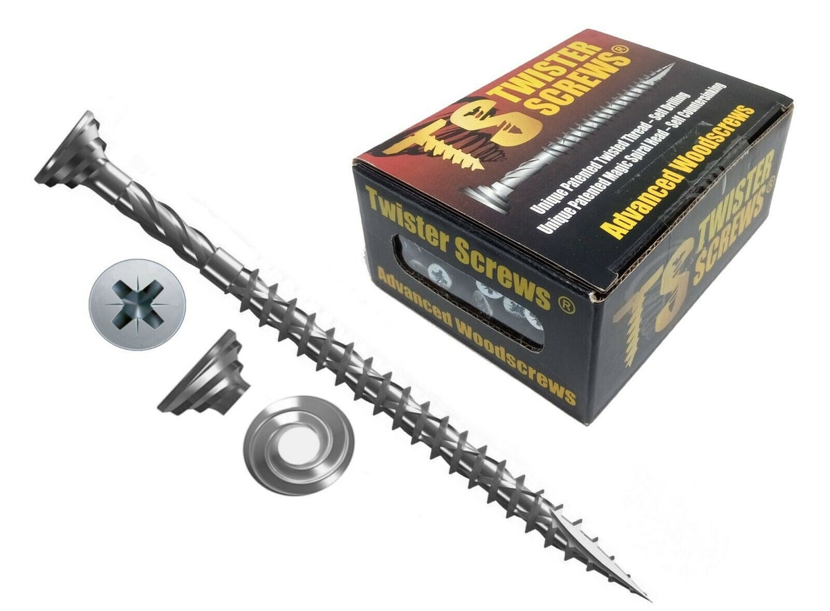 Boxes of TwisterScrews advanced multipurpose woodscrews with several screws displayed in front.