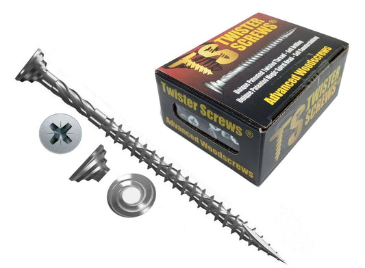 Boxes of TwisterScrews advanced multipurpose woodscrews with several screws displayed in front.